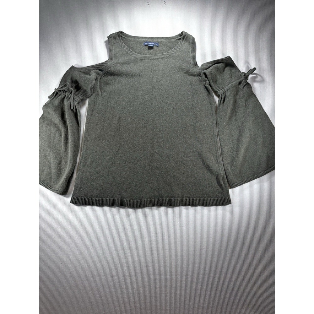 American Eagle Olive Green Long Bell Sleeve Cold Shoulder Sweater Ties Size Med